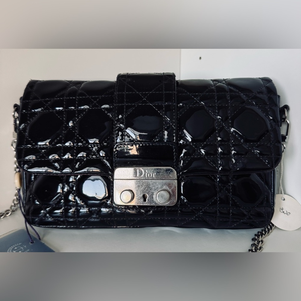 Dior Black Patent Quilted Chain Crossbody with Silver Lock